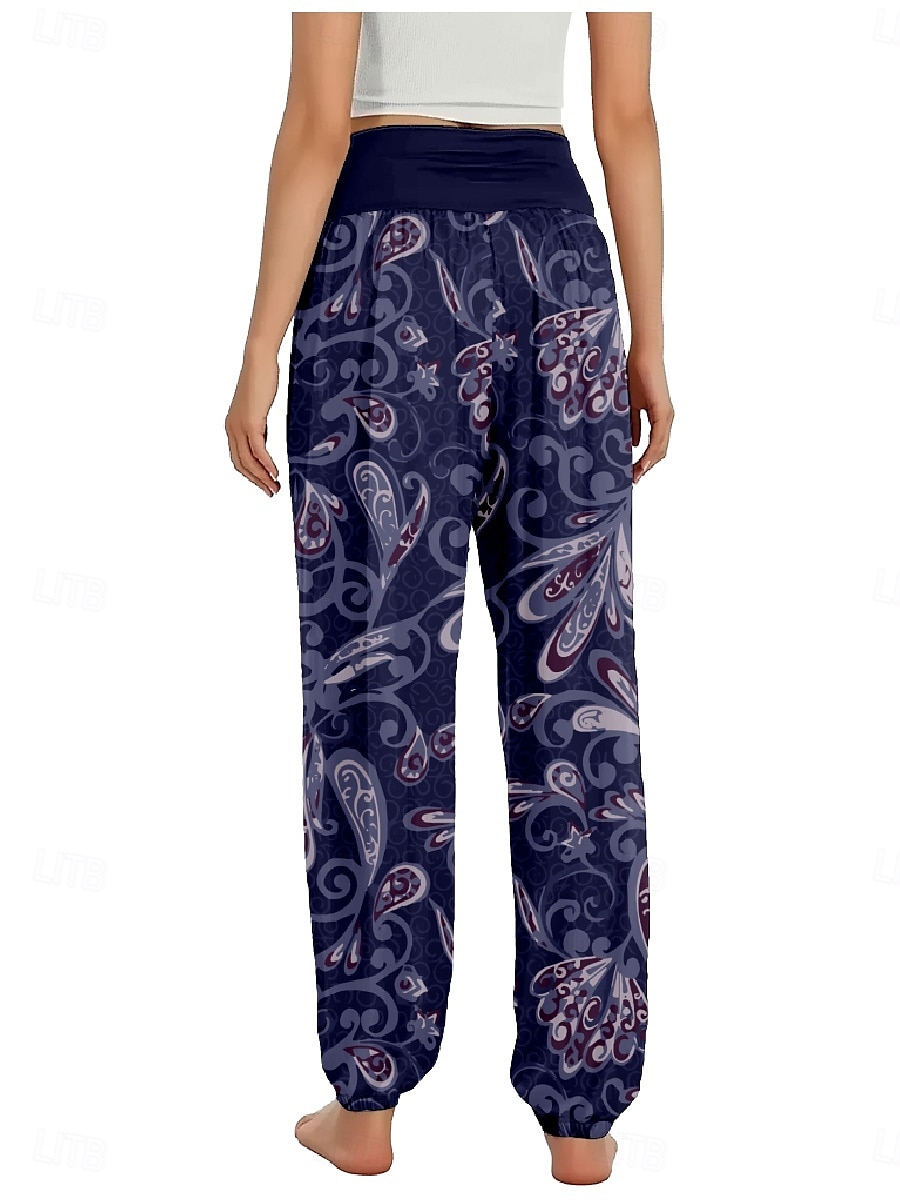 Dam Linneinspirerade byxor Brett skaft Byxor Etnisk Stil Ledigt Boho Fullängd Hög midja Blommig Löv Tropisk Ficka Elastisk midja Tryck Mateial som andas Mjuk Microelastisk Utomhus Yoga Svart Mörklila 2025 - $21.99 –P5