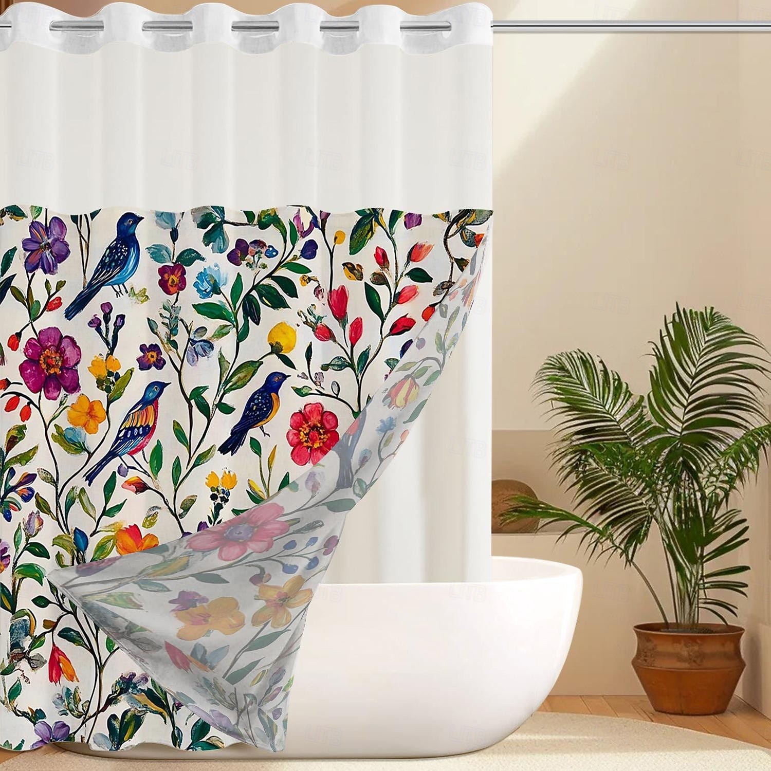 Κουρτίνα Ντους Χωρίς Γάντζους 180cm*180cm(70"*70") με Ενσωματωμένο Κέλυφος Πολυεστέρα Διαφανές Παράθυρο Αδιάβροχη Διπλή Κουρτίνα Μπάνιου με Λουλούδια και Πουλιά 2025 - $41.99 –P1