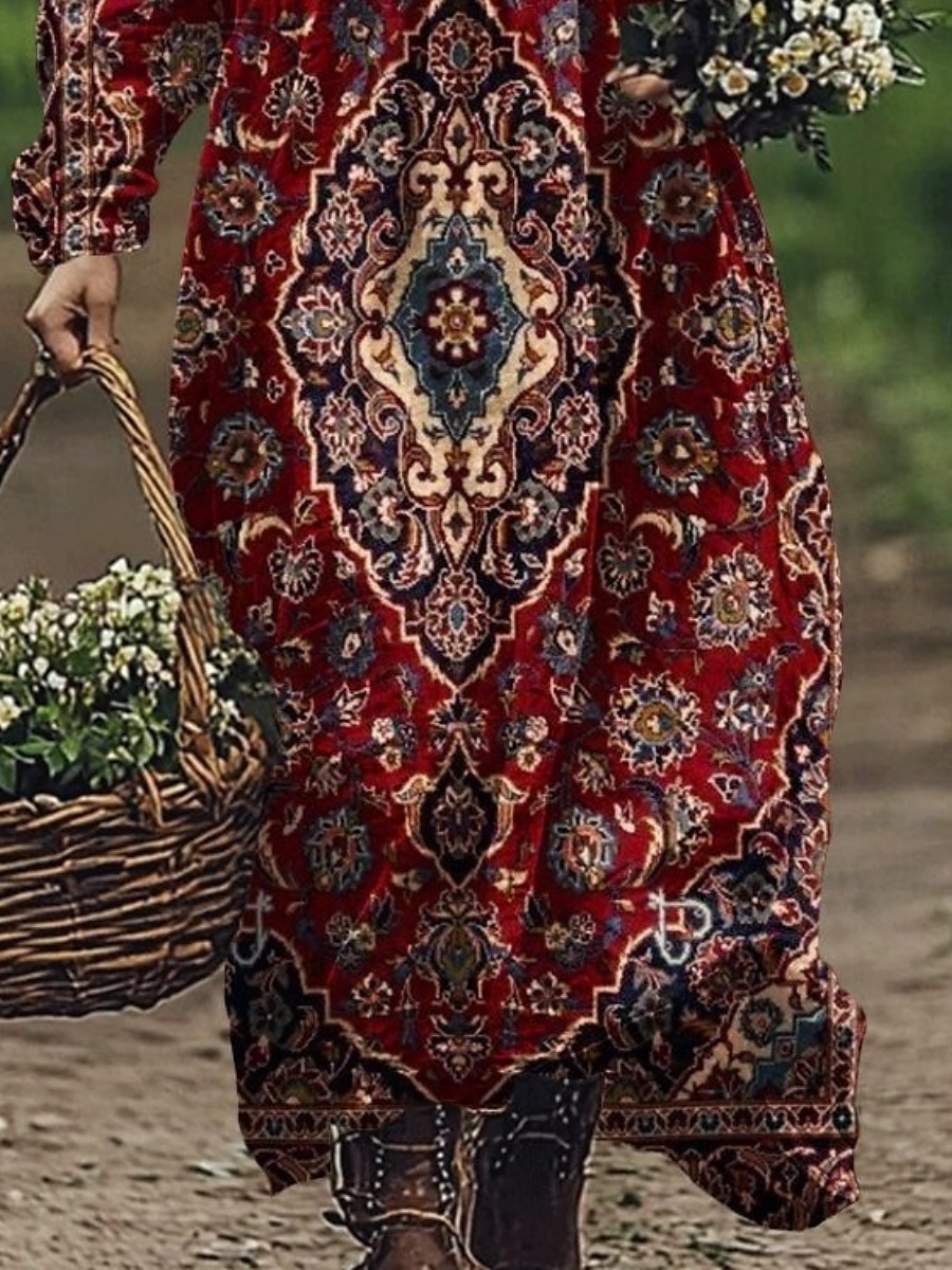 Damen Maxikleid A Linie Kleid Sommerkleid Lässig Boho Täglich Normale Passform Blumen Grafik Paisley-Muster Langarm Einkerbiger Ausschnitt Wein Blau Purpur Fuchsie Sommer 2025 - $31.99 –P3
