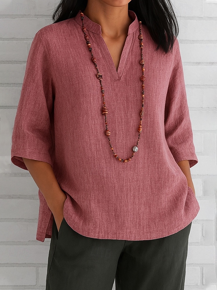 camicetta da donna in cotone e lino, tinta unita, elegante, vintage, alla moda, manica a 3/4, scollo a V, top normali, per tutti i giorni, per le vacanze, rosso, blu, verde, kaki, estate, primavera del 2025 a $22.99 –P2