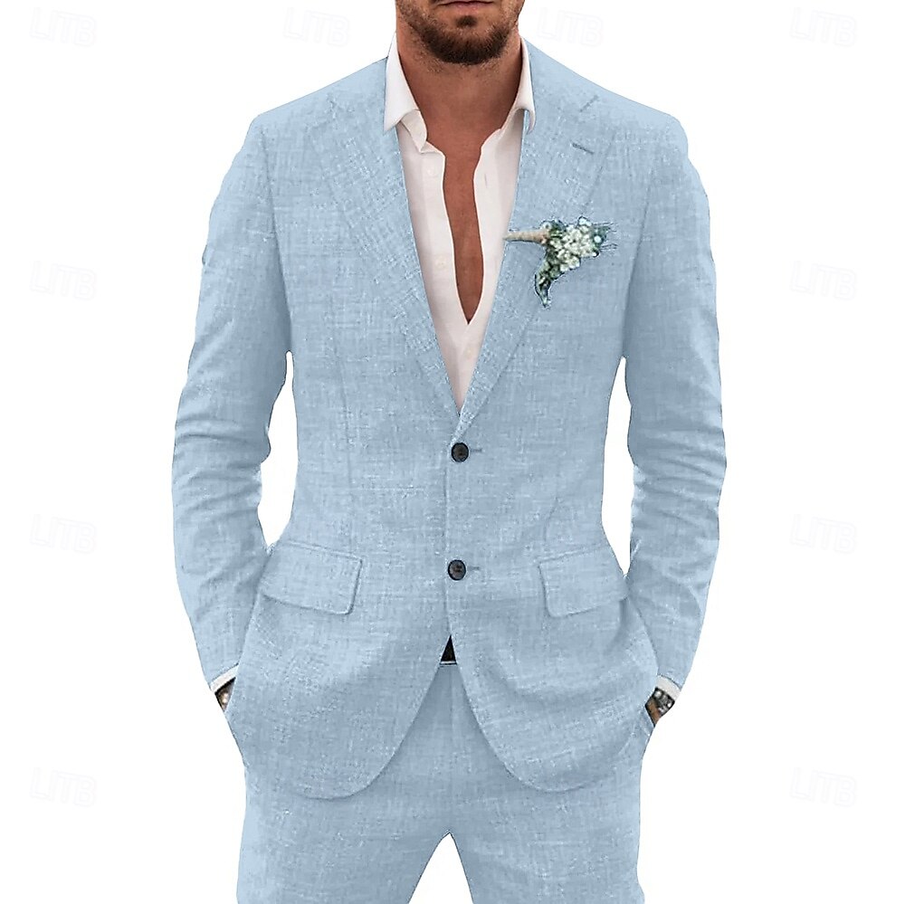 Completi in lino per matrimoni degli uomini in azzurro cielo e beige 80% lino a tinta unita completi estivi taglio su misura 2 pezzi a due bottoni monopetto del 2025 a $139.99 –P3