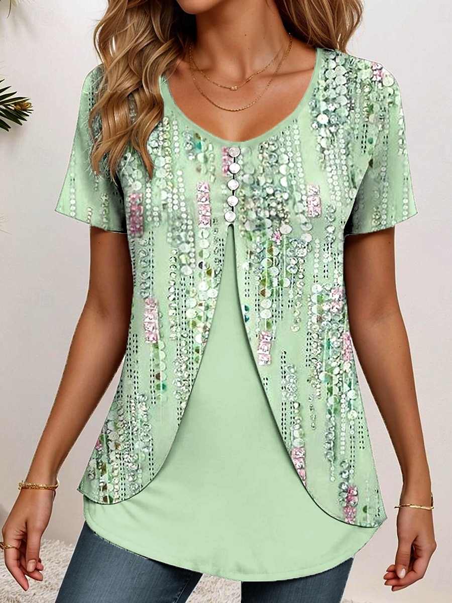 Dame T skjorte Blomstret Grafisk Elegant Årgang Stilfull Kortermet Crew-hals Rund hals Vanlige topper Daglig Ut på byen Lapper Knapper Lag-på-lag Lysegrønn Rosa Lyseblå Sommer Vår 2025 - $23.99 –P1