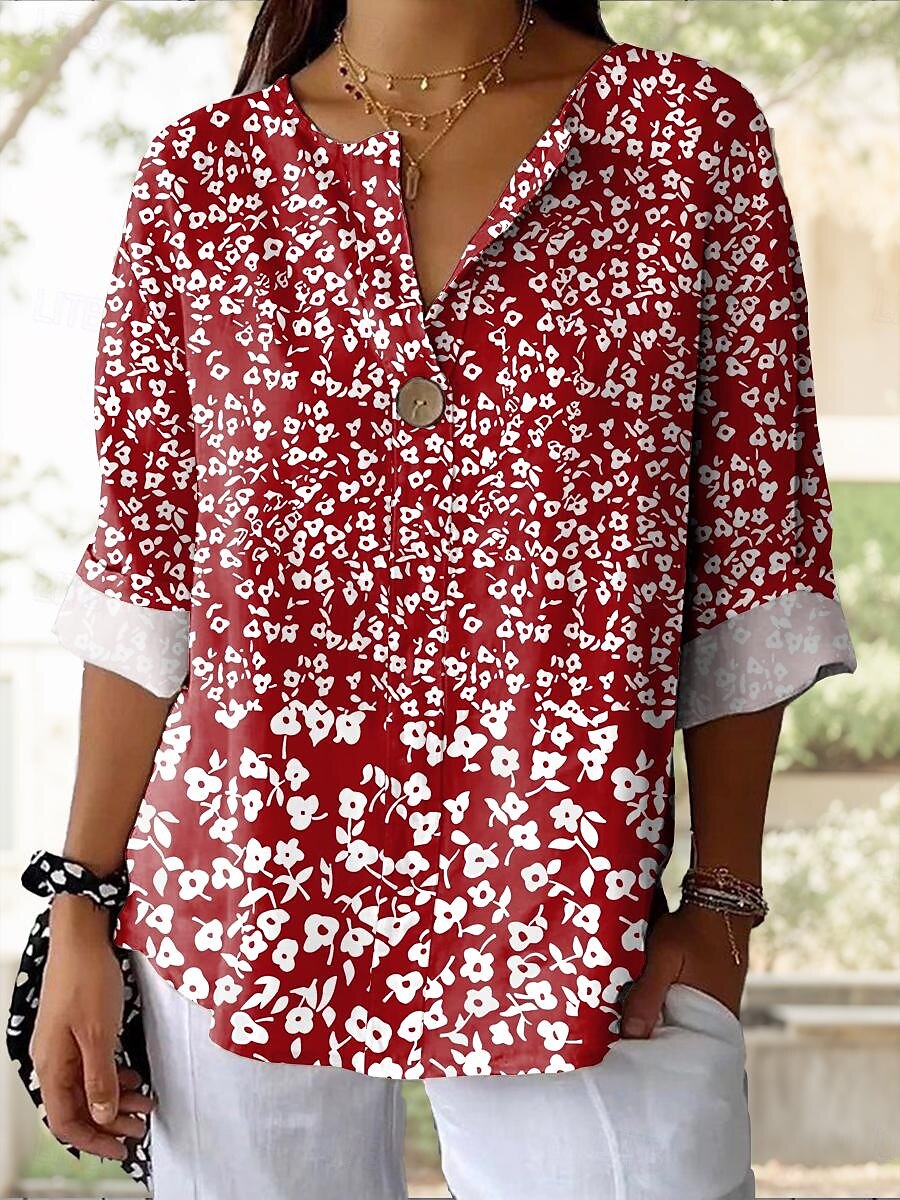 Dames Overhemd Bloemig Grafisch Elegant Casual Lange mouw V-hals Normale tops Dagelijks Feestdagen Afdrukken Rood blauw Zomer Lente 2025 - $29.99 –P4