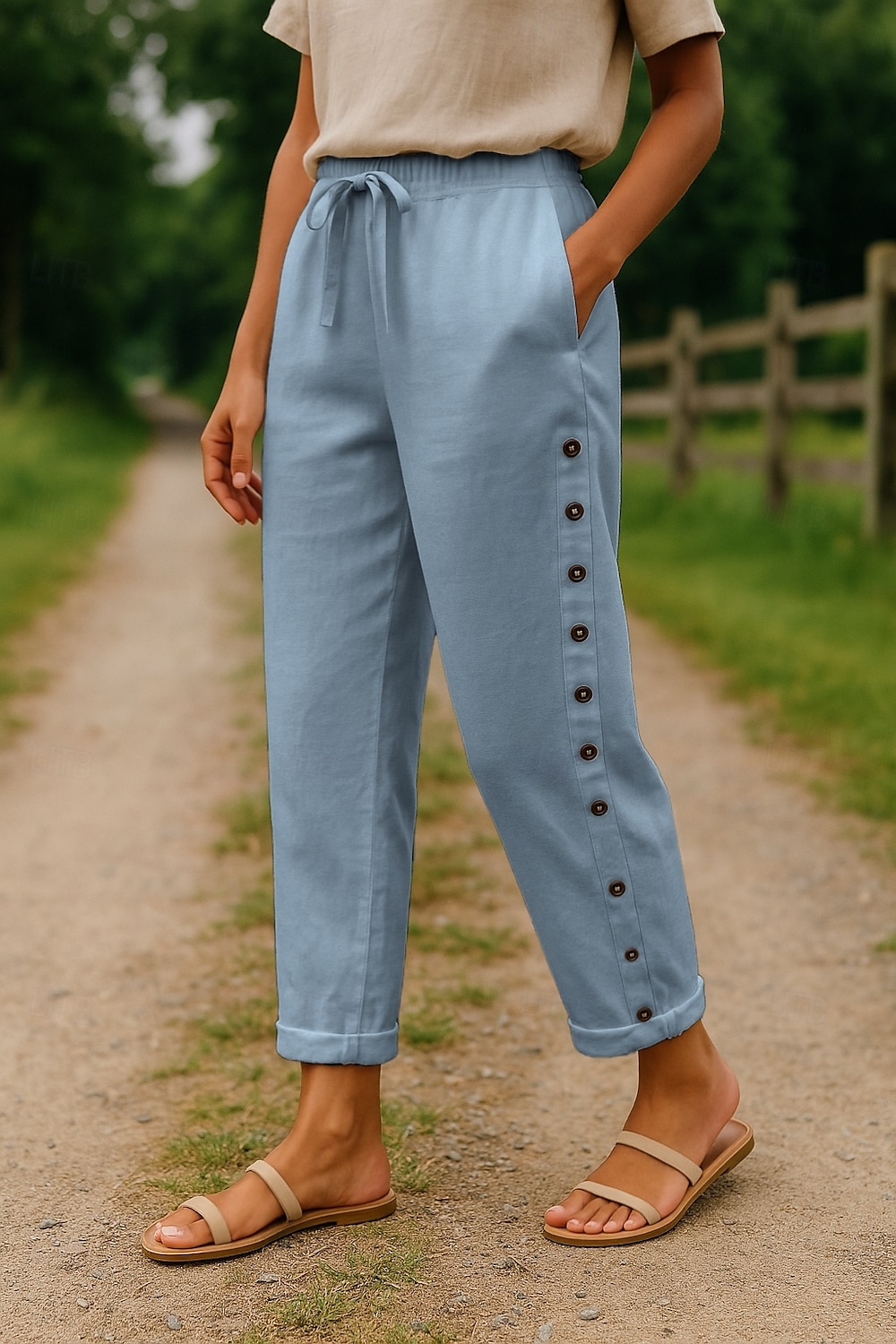 Femmes Pantalon en coton et lin Confort Longueur complète Taille haute Uni Avec Poches Ceinture Élastique Confortable Extérieur Rue Tenue quotidienne Sortir Noir Blanche Bleu Kaki Été Coupe régulière de 2025 ? $28.99 –P6