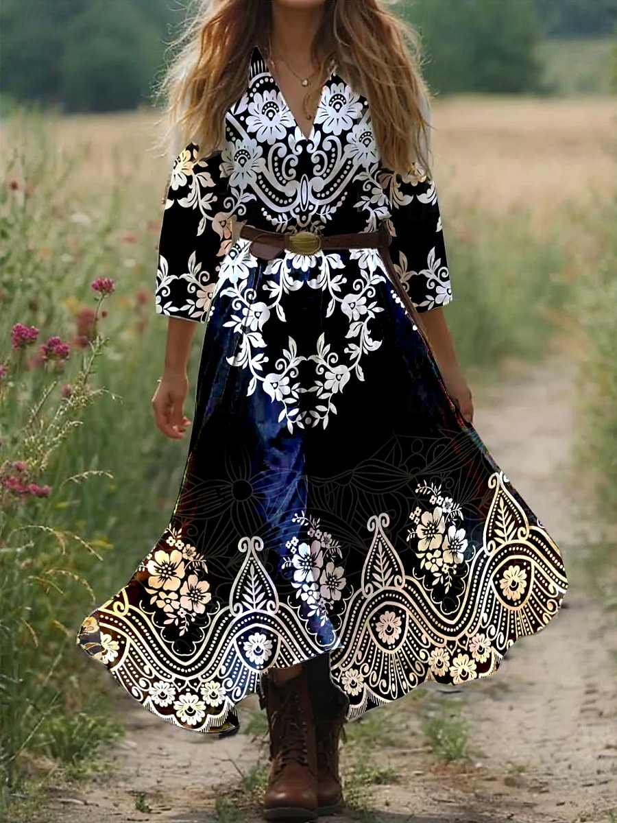 Women's Maxi Dress Boho Dress Western Dress Vintage Sundress Pleated Dress  Vacation Casual Going out Beach Graphic Paisley Tribal 3/4 Length Sleeve V  Neck Black Pink Blue Orange Summer Spring 2026 - $36.99