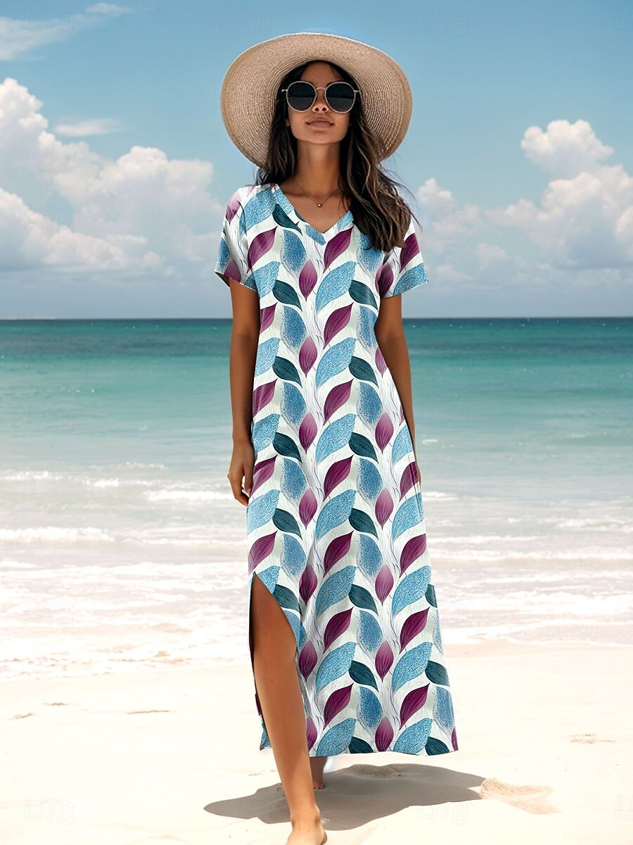 Damen Maxikleid Sommerkleid A Linie Kleid Urlaub Lässig Täglich Normale Passform Blumen Grafik Kurzarm V Ausschnitt Blau Purpur Grün Sommer 2025 - $28.99 –P1