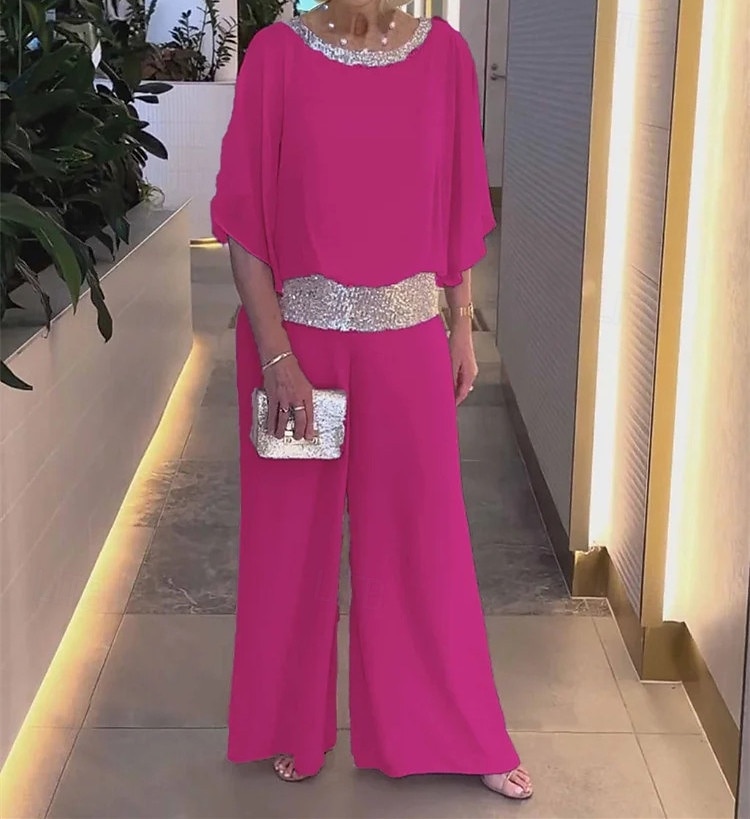 Two Piece Jumpsuit / Pantsuit Mother of the Bride Pantsuit Elegant Vintage Simple Boat Neck Floor Length Chiffon Half Sleeve with Sequin 2025 - $99.99 –P7