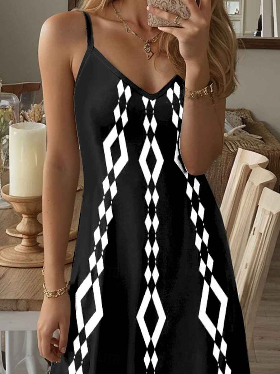 Damen Minikleid Sommerkleid A Linie Kleid Unterkleid Schulterfreies Kleid Urlaub Lässig Boho Ausgehen Strand Standard Passform Grafik Geometrisch Ärmellos V Ausschnitt Schwarz Sommer 2025 - $20.99 –P3