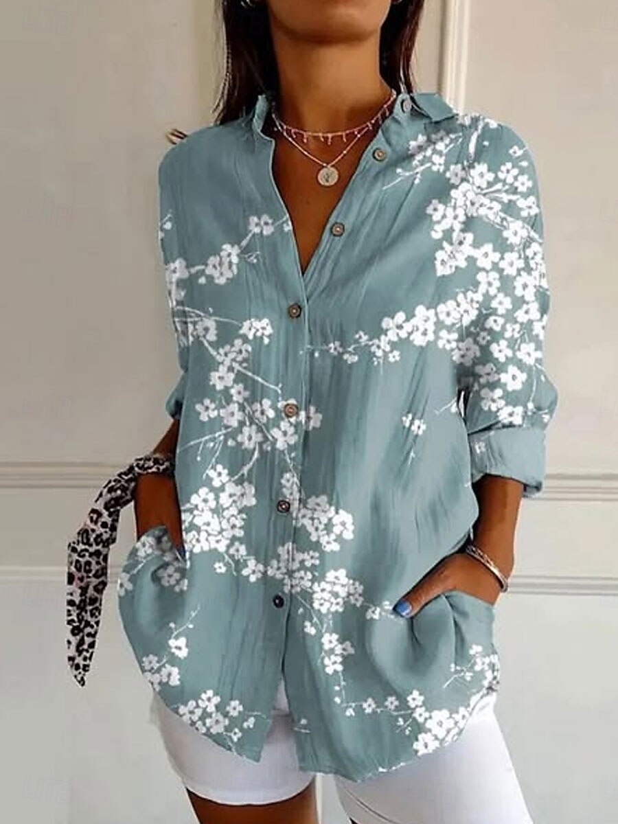 Dames Overhemd Bloemig Grafisch Dagelijks Stijlvol Casual Lange mouw Overhemdkraag Normale tops Werk Dagelijks Knop Afdrukken Wit blauw Groen Zomer Lente 2025 - $32.99 –P3