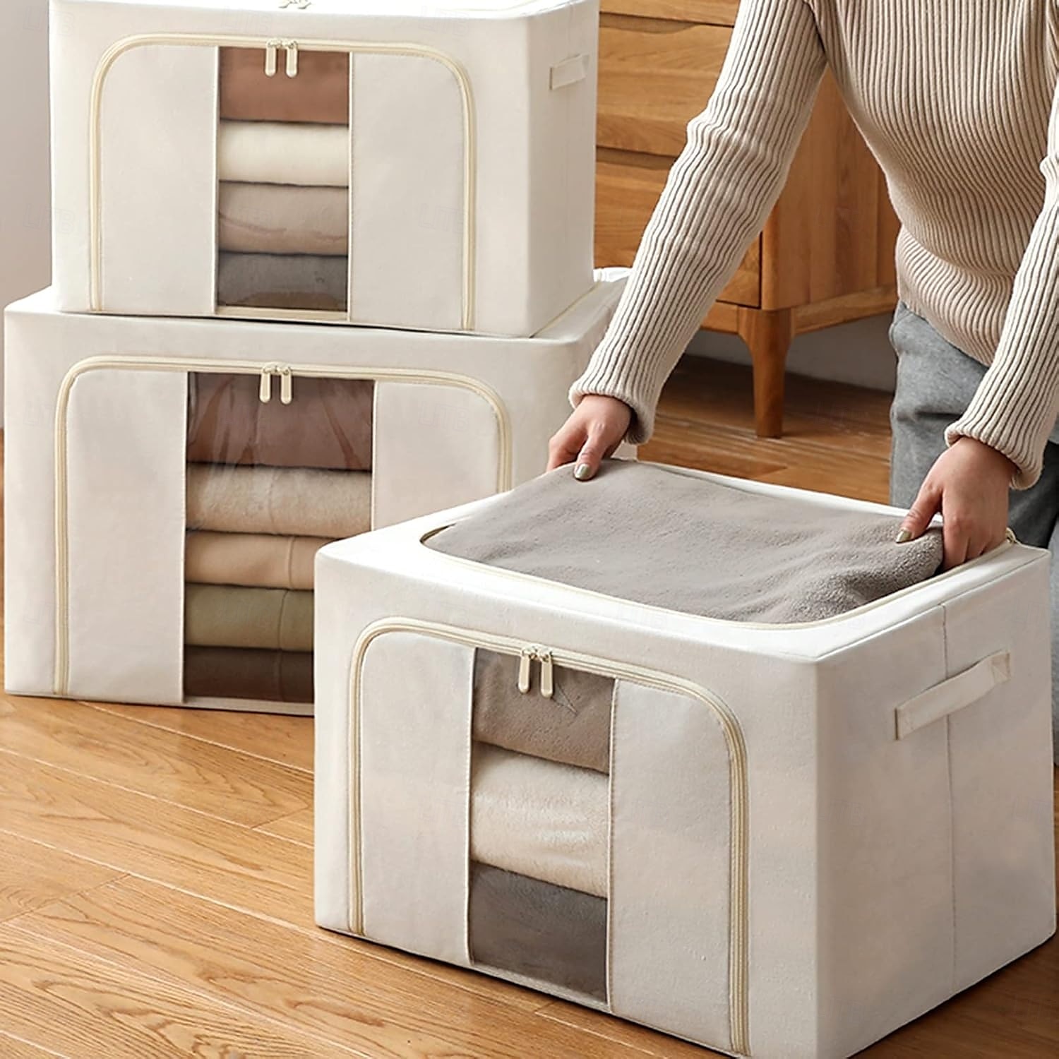 Clothes Storage Bins Stackable Metal Frame Storage Box Foldable Linen Fabric Organizer with Carrying Handles and Clear Window 2025 - $13.99 –P7