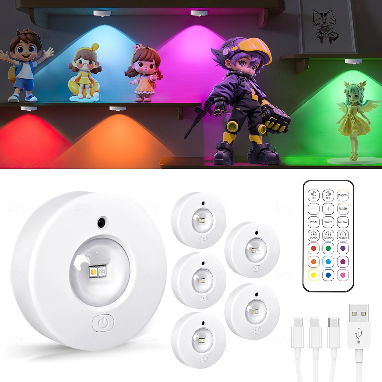 1 Pc RGB dimmable rechargeable magnetic spotlight cabinet light wardrobe wine cabinet light mural light wiring free remote control control cat eye light ice hockey light dimmable timer 2025 - $8.49 –P1