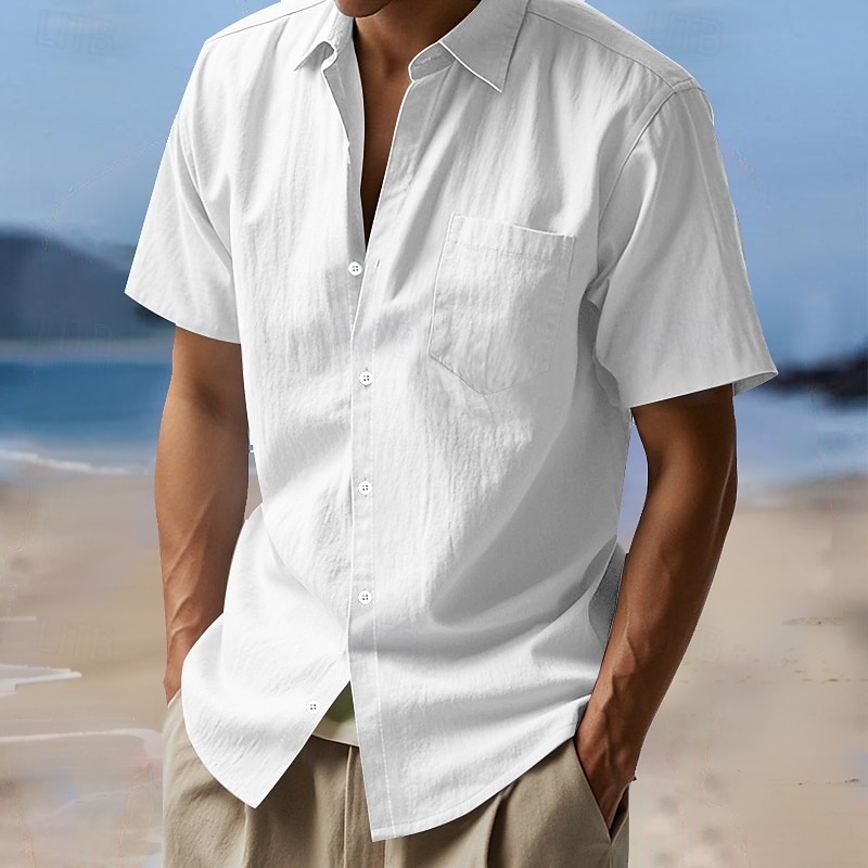 Men's Shirt Linen Shirt Summer Shirt Beach Wear Button Up Shirt Solid Color Daily Streetwear Black White Navy Blue Sky Blue Short Sleeve Turndown Spring & Summer Clothing Apparel Pocket 2026 - $22.99 –P11
