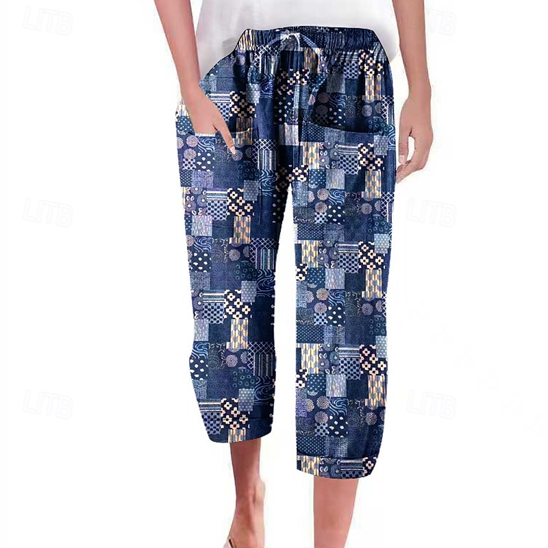 Dam Shorts i bomullslinne Linneinspirerade byxor Byxor av linne i bomull Mode Streetwear Vadlängd Naturlig Blomma Ficka Tryck Elastisk dragsko-design Bekväm Utomhus Semester Utekväll Magenta Svart 2025 - $29.99 –P1
