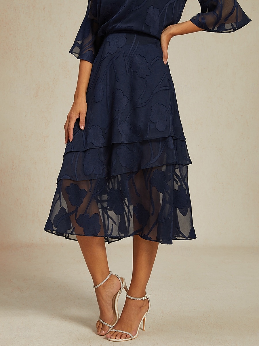 Dame الالتفاف Elegant Midi Medium Midje Skjørt Blomster Multi Layer Uelastisk Fest Avslappet Navyblå Sommer Chiffon 2025 - $56.99 –P1