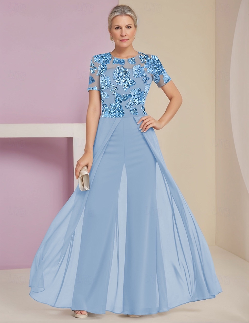 Blue Jumpsuit / Pantsuit Satin Floral Lace Mother of the Bride Pantsuit Elegant Simple Minimalist Crew Neck Floor Length Chiffon Lace Short Sleeve 2025 - $148.99 –P1