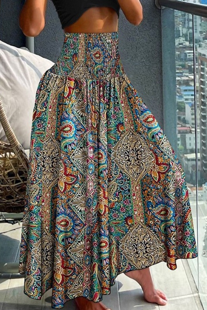 Mulheres Saia Bohemia Casual Boho Longo Cintura Média Saias Floral Imprimir Micro-Elástica Férias Rua Azul marinho Amêndoa Vermelho Azul Verão Poliéster de 2025 por $20.99 –P5