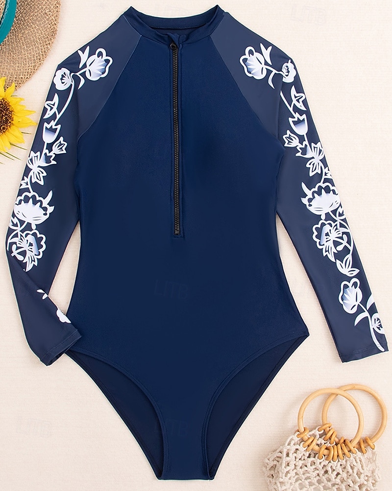 Damen Anti UV Shirt Badeanzug Bademode UV-Sonnenschutz UPF50+ Leicht Langarm Spandex Bademode Badeanzug Frontreißverschluss Schwimmen Surfen Strand Wassersport Bemalt Streifen Patchwork Sommer 2025 - $26.99 –P6