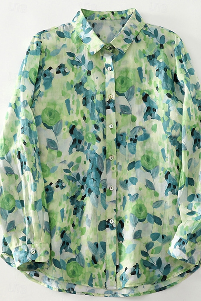 Per donna Camicia Abbottonare Camicia in cotone e lino Blusa Fiore Elegante Moderno Manica Lunga Scollo a V Top Regolari Ferie Uscire Bottoni Stampato Verde Estate del 2025 a $29.99 –P1