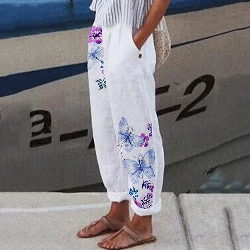 Women's Cotton Linen Pants Palazzo Pants Fashion Streetwear Comfort Ankle-Length Mid Waist Flower / Floral Pocket Elastic Waist Comfy Outdoor Comfortable Street Daily Wear Going out Cold White White 2025 - $27.99 –P6