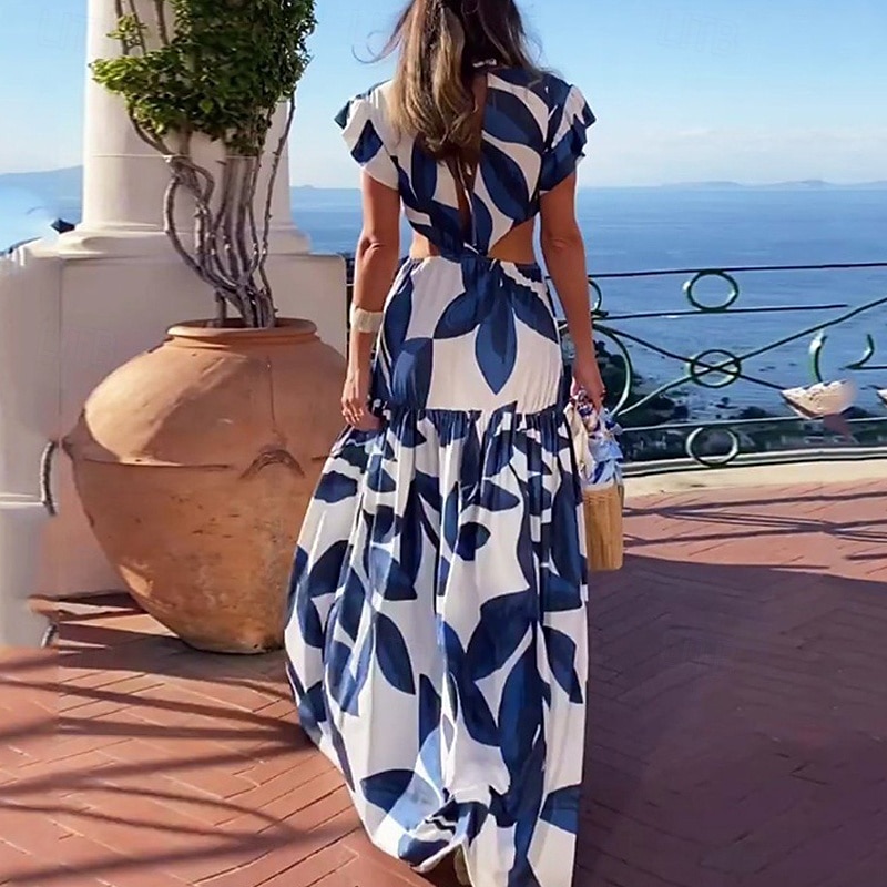 Femmes Robe Longue Maxi Robe Robe de Soirée Robe Imprimée Mode Soirée Fête du thé Sortir Coupe régulière Fleur Manche Courte Col en V Bleu Été de 2025 ? $24.99 –P4