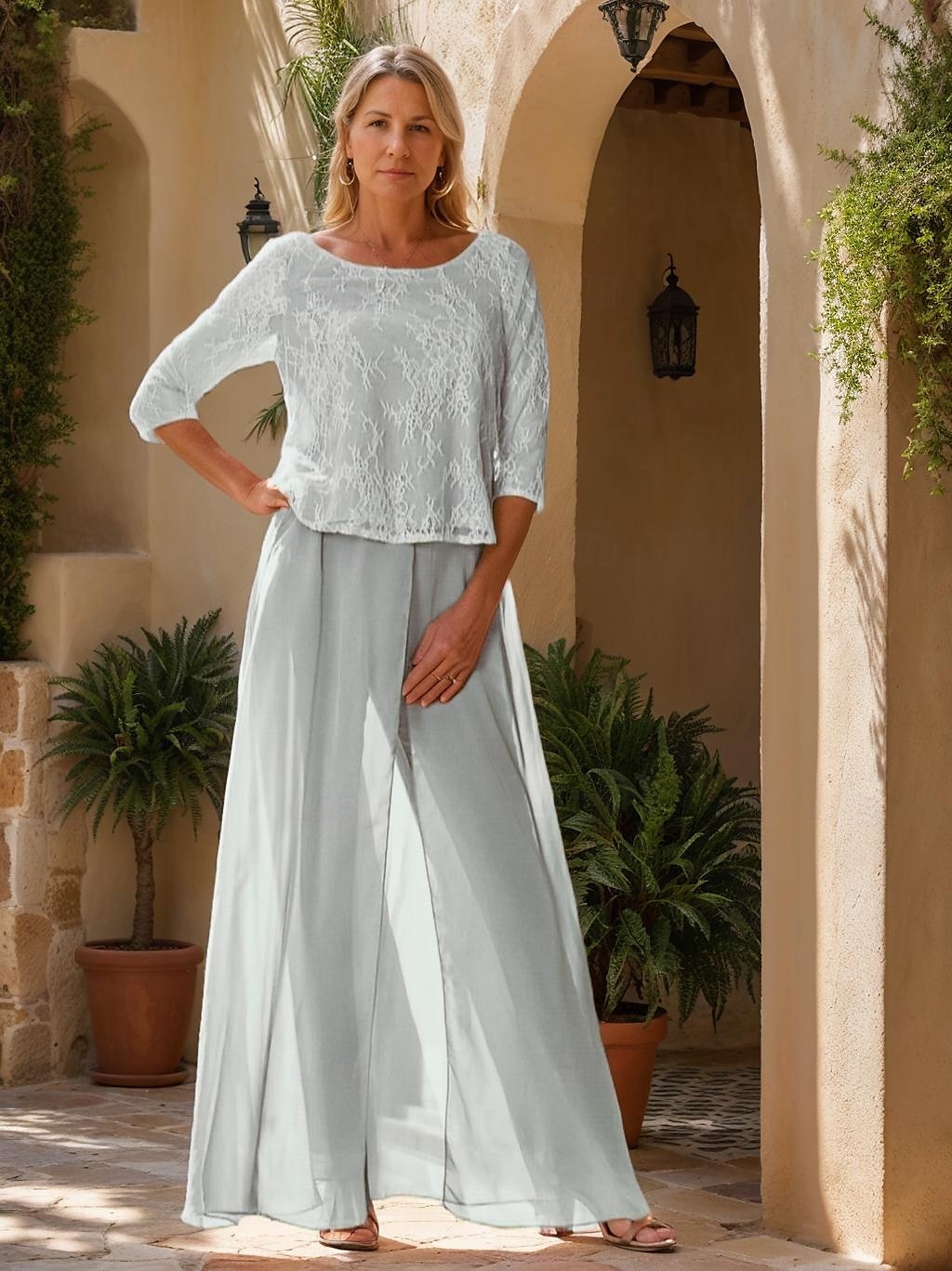 Two Piece Jumpsuit / Pantsuit Mother of the Bride Dress Elegant Simple Minimalist Crew Neck Floor Length Chiffon Half Sleeve with Lace 2025 - $149.99 –P6