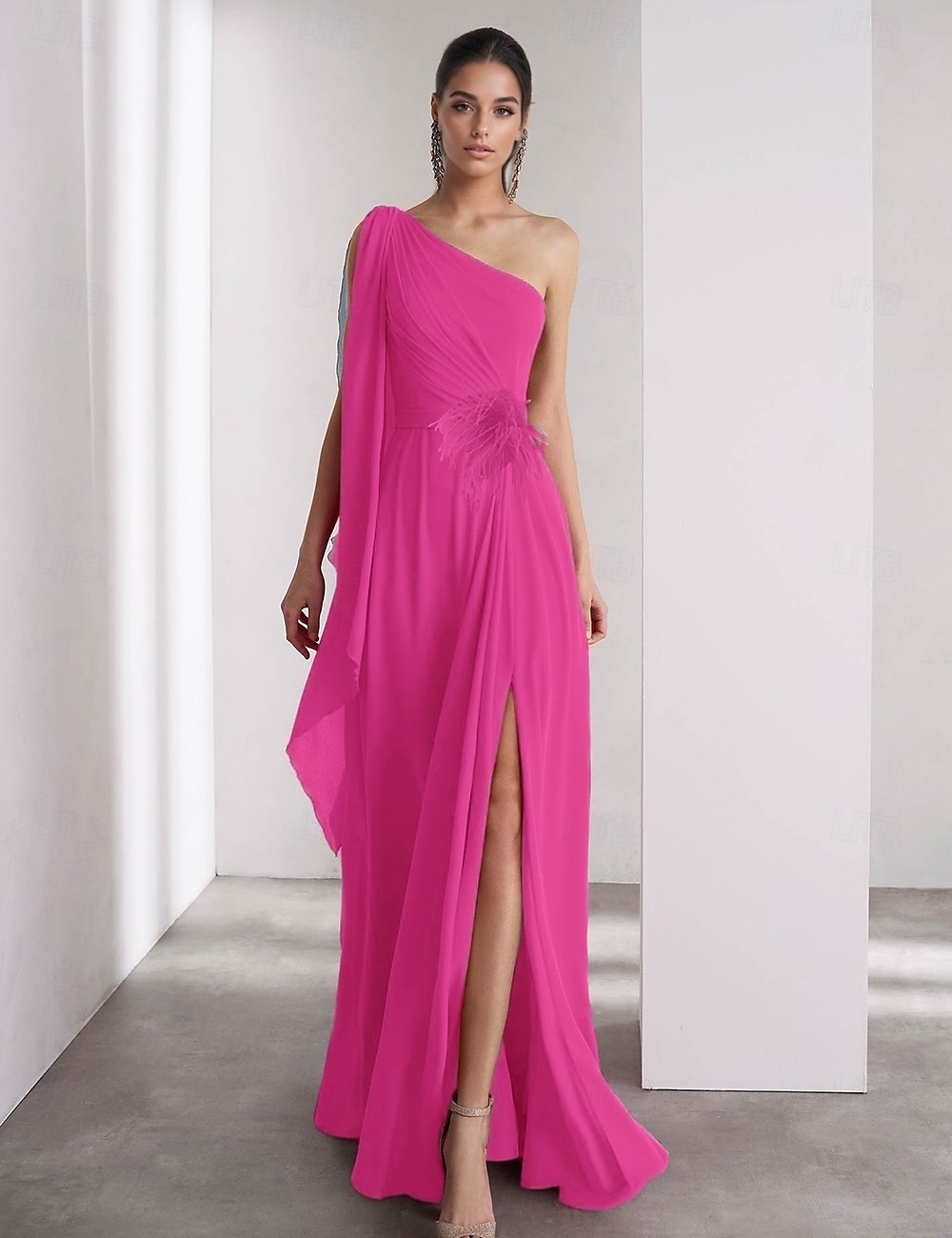 Jedno Ramo Modré Růžové A-Linie Chiffon Peří Večerní Šaty Elegantní Šaty Formální Dlouhé Bez Rukávů S Faldovým Šálem 2025 - $147.99 –P7