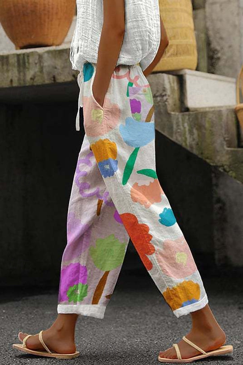 Per donna Pantaloni in cotone e lino Pantaloni Eleganti Moda Lunghezza intera Naturale Floreale Tasca Stampa Design con Coulisse Elastica Comodo All'aperto Confortevole All'aperto Vacanza Uscire Blu del 2025 a $31.99 –P6