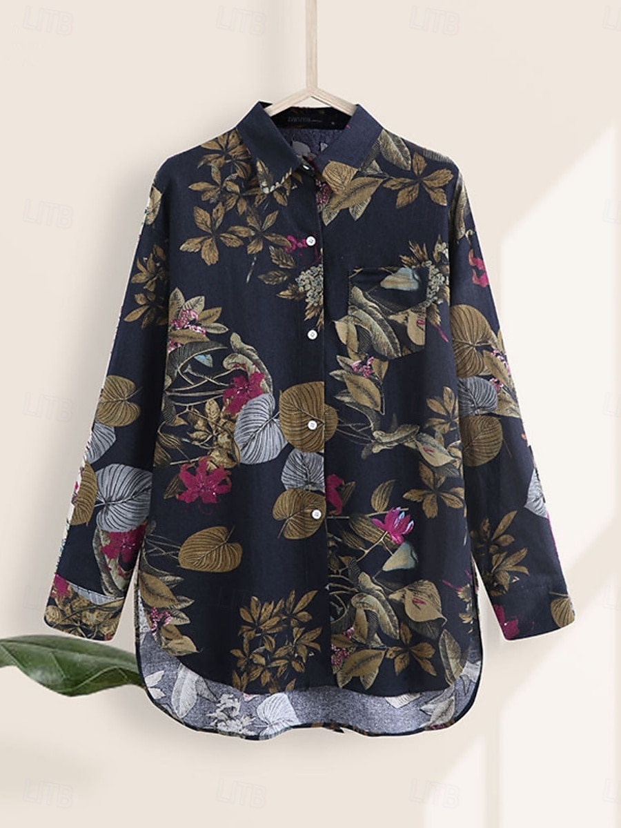 Per donna Camicia Floreale Elegante Moderno Casual Manica Lunga Collo a V Top Regolari Quotidiano Stampato Blu marino Viola Cachi Estate del 2025 a $22.99 –P7