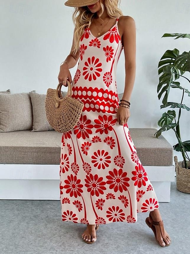 Női Maxiruha A vonalú ruha Slip ruha Szabadság Alkalmi Boho Parti Alkalmi Standard Virágos Grafika Ujjatlan V-alakú Narancssárga piros Fekete Medence Lóhere Nyár Tavasz 2025 - $31.99 –P3