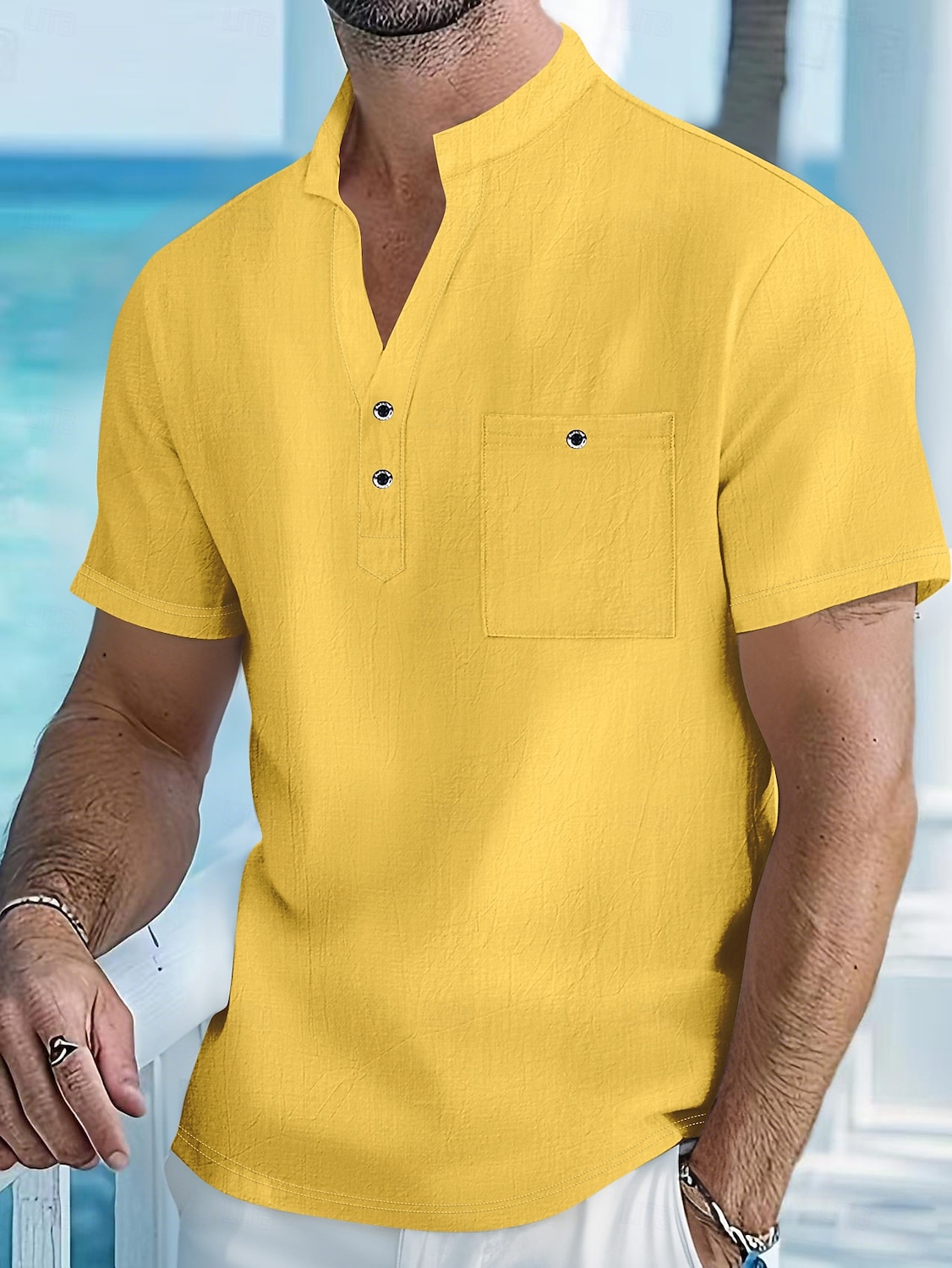 Homme Chemise en lin Chemise popover Chemise Décontractée Chemise Boutonnée Uni Vacances Rue Blanche Jaune Rose dragée Abricot Manche Courte Band Collar Printemps & Été Vêtement Tenue Avec Poches de 2025 ? $21.99 –P10