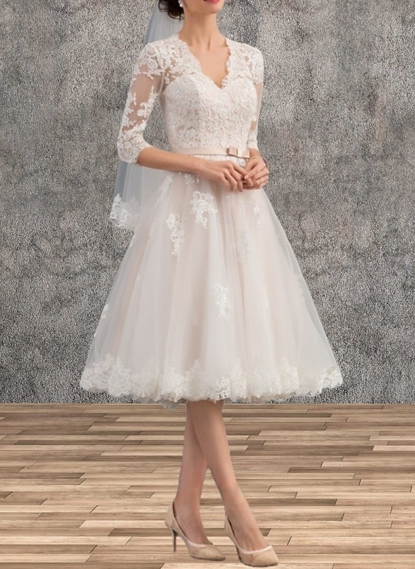 Mini Abiti Bianchi per Fidanzamento Abiti da Sposa A-Line Scollo a V Manica 3/4 Lunga Fino al Ginocchio in Raso con Fascia  Applicazioni del 2025 a $155.99 –P3