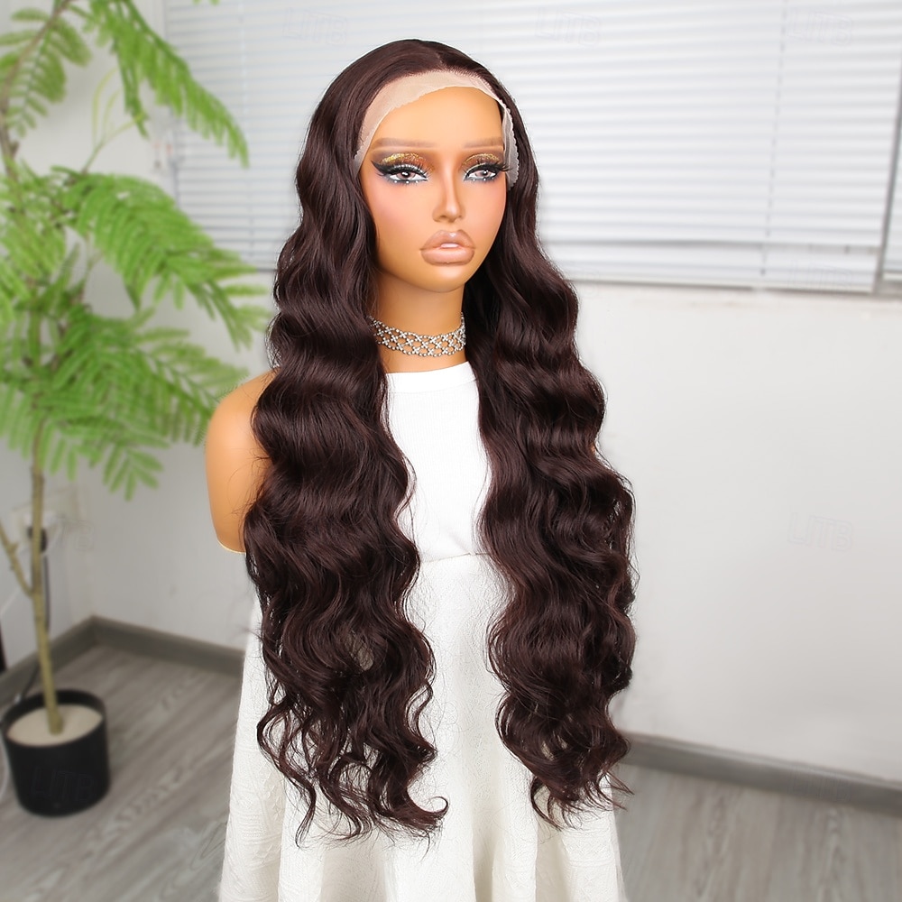 2025年 合成レースウィッグ ウェーブ スタイル 30 インチ ブラウン ミドル部 13x4レースフロント かつら 女性用 かつら ダークブラウン  コレクション – $77.99 –P5