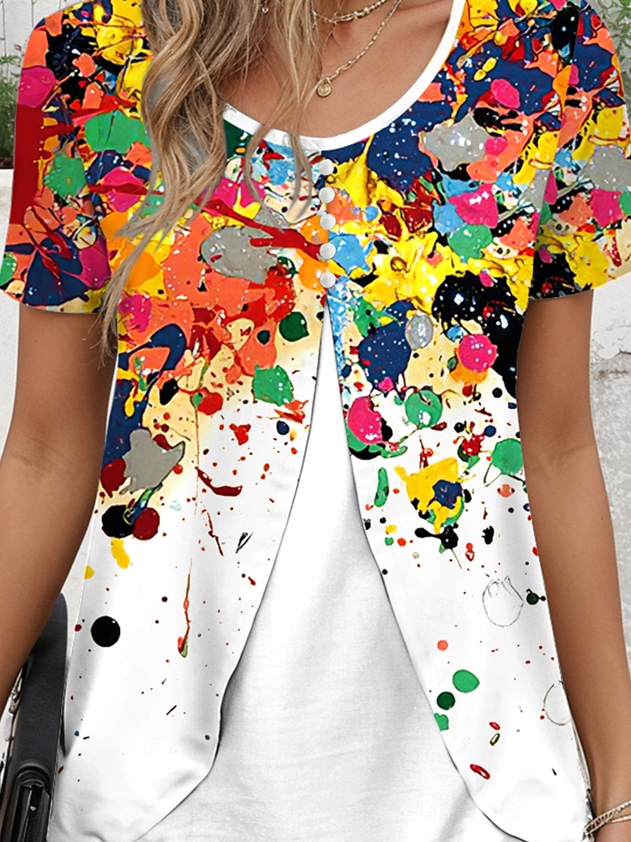 Dames T-shirt Grafisch Geometrisch Elegant Vintage Stijlvol Korte mouw Strakke ronde hals Normale tops Dagelijks Uitgaan Lapwerk Knop Gelaagd Wit Zomer Lente 2025 - $23.99 –P3