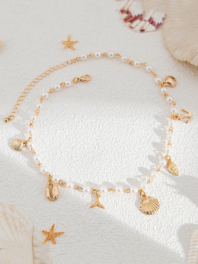 Women's Pearl Beaded Necklace with Gold Sea Charms – Nautical Beach Jewelry for Summer Vacation and Resort Wear 2025 - $9.99 –P5