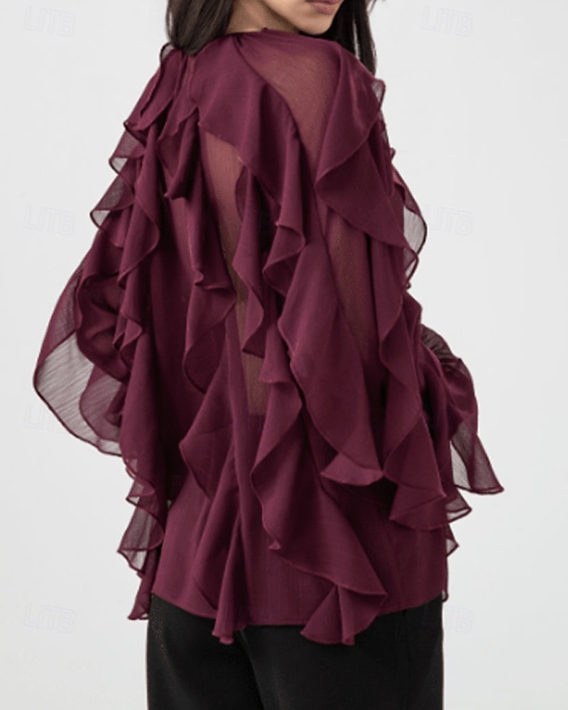 Femmes Chemise Chemisier Uni Élégant Moderne manche longue Col en V Hauts Réguliers Fête Sortir Superposé Vin Été de 2025 ? $34.99 –P8