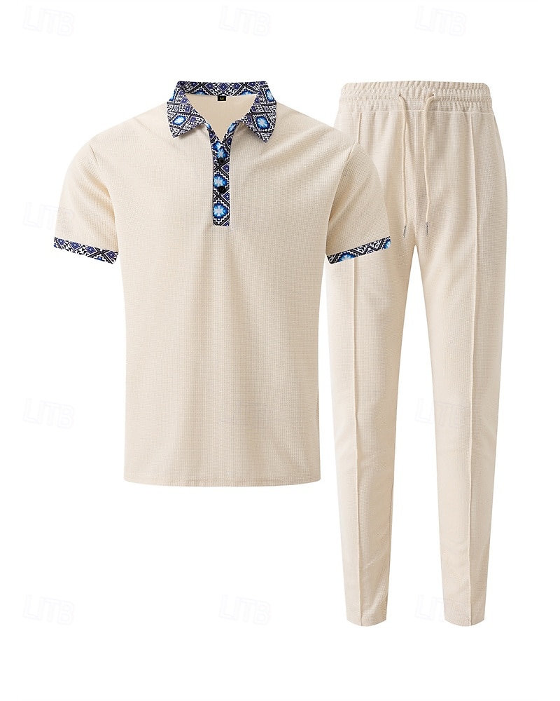 Voor heren Wafel Shirt T-shirt past Shirt- en broeksets 2 stuks outfits Korte mouw Revers Zomer Kleurenblok Modieus Casual Lapwerk 2-stuks Vakantie Alledaagse kleding Uitgaan Zwart Wit Koningsblauw 2025 - $40.99 –P2