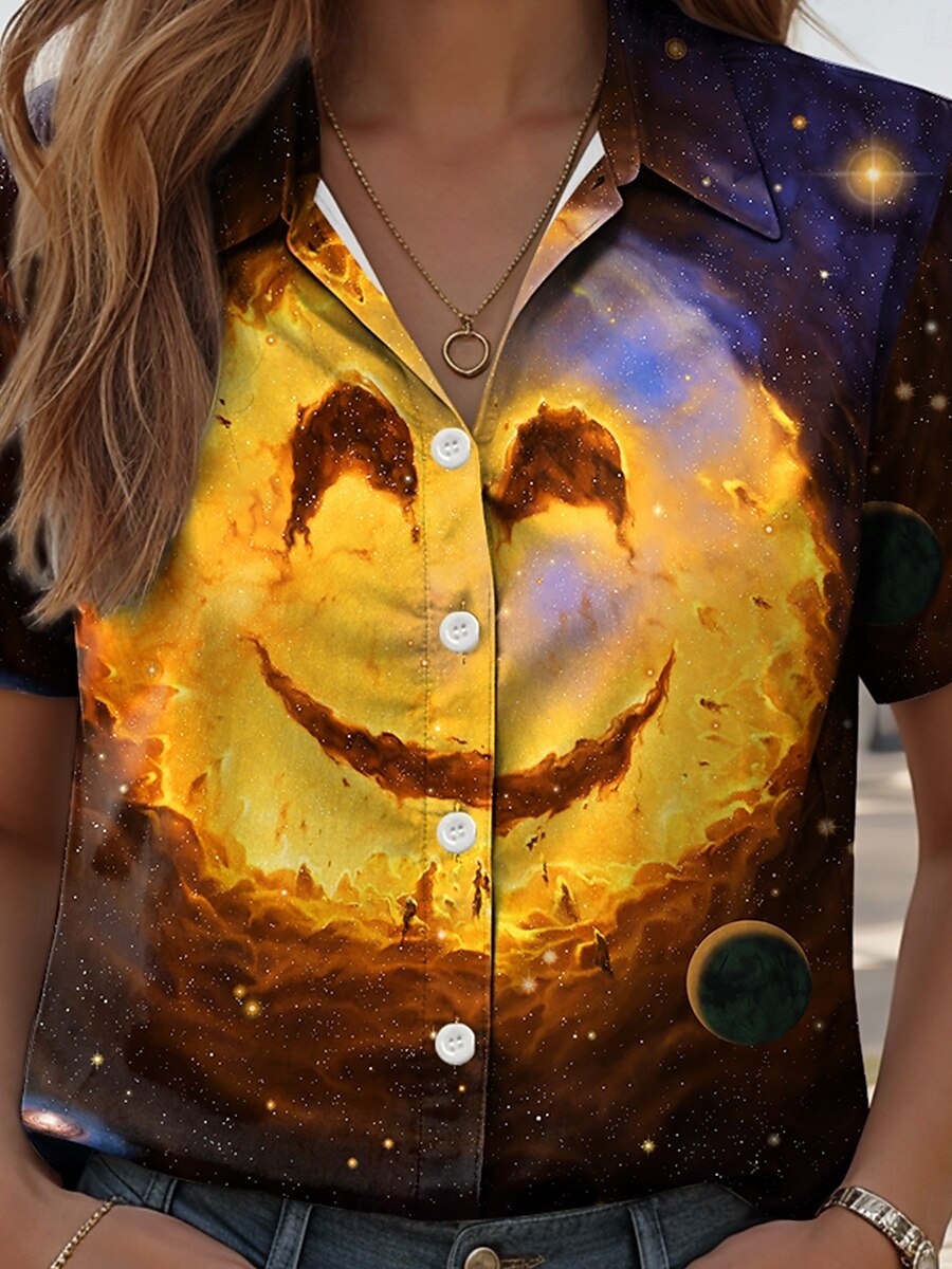 Galaxy Smile von Vincent Hie Damen Hemd Langarm Button-Down Bluse Grafik Geometrisch Vintage Stilvoll Lässige Kurzarm Hemdkragen Reguläre Tops Alltag Gelb 2025 - $26.99 –P3