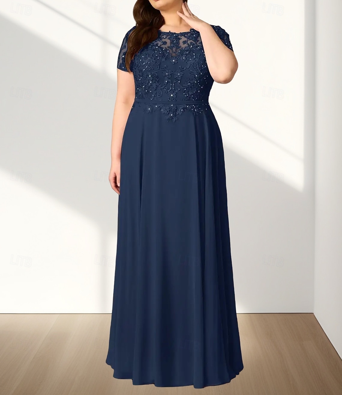 A-lijn Plus Size Curve Moeder van de Bruid Jurk Bruiloft Gast Elegant Crew Neck Vloerlengte Chiffon Kant Korte Mouw met Tailleband  Lint Beading Applicaties 2025 - $178.99 –P1