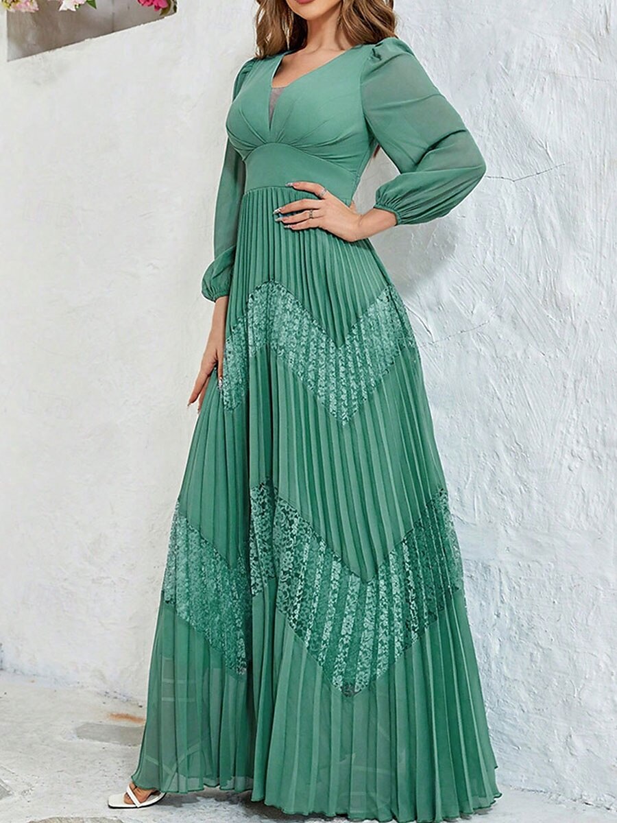 Kleid Mutter der Braut Kleid Elegant V-Ausschnitt Bodenlang Chiffon Langarm in einfarbig 2025 - $89.99 –P4