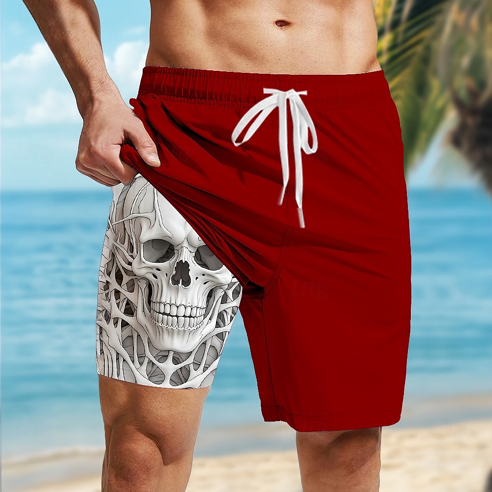 Men's Skull Lined Shorts 2 in 1 Board Shorts Swim Shorts Mid Waist Hawaiian Casual Vacation Holiday Beach Wear Side Pockets Color Block With Compression Liner Designer Clothing Apparel 2025 - $21.99 –P6
