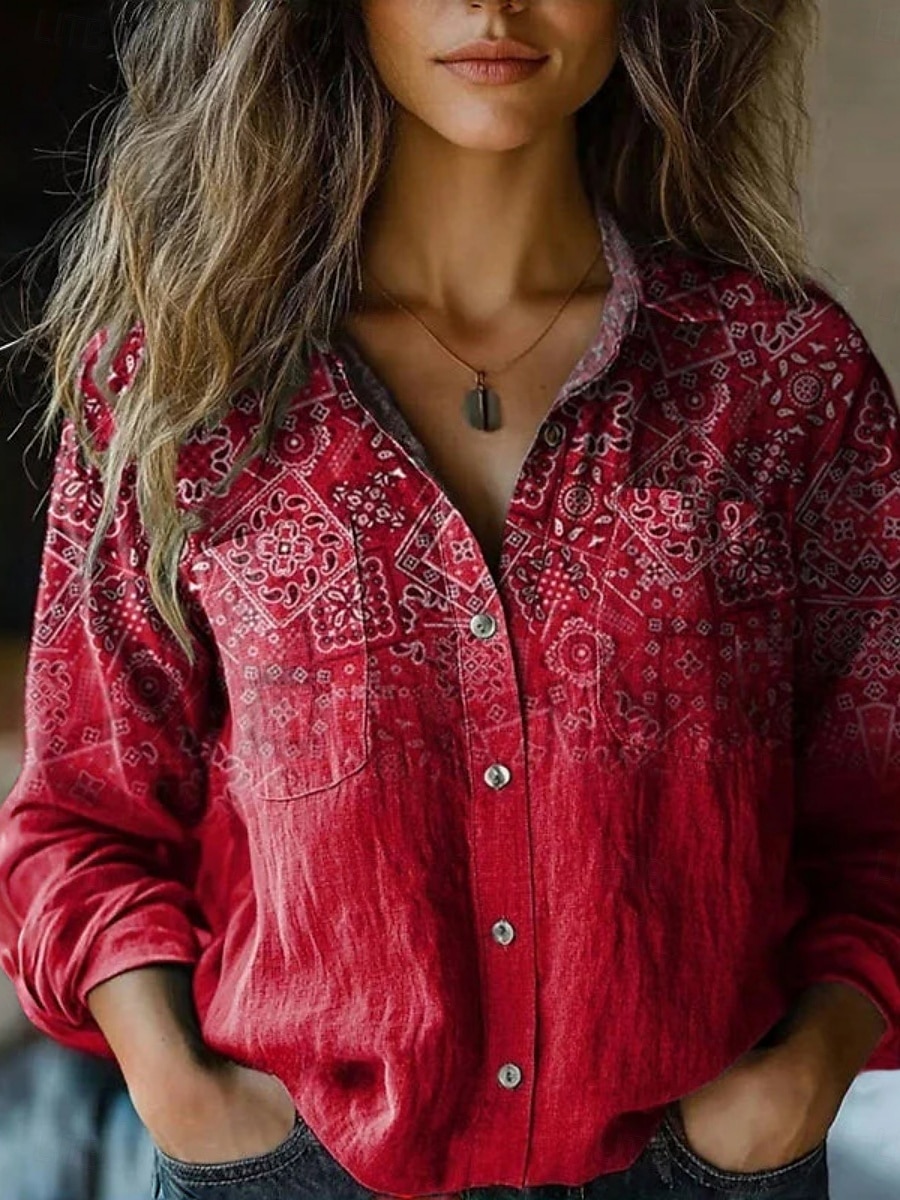 Per donna Camicia Camicia Boho Tasca Bottoni Stampato Floreale Paisley Elegante Moderno Manica Lunga Colletto a Camicia Top Regolari Quotidiano Ferie Blu Marrone rossastro Nero Giallo Vino Estate del 2026 a $27.99 –P6