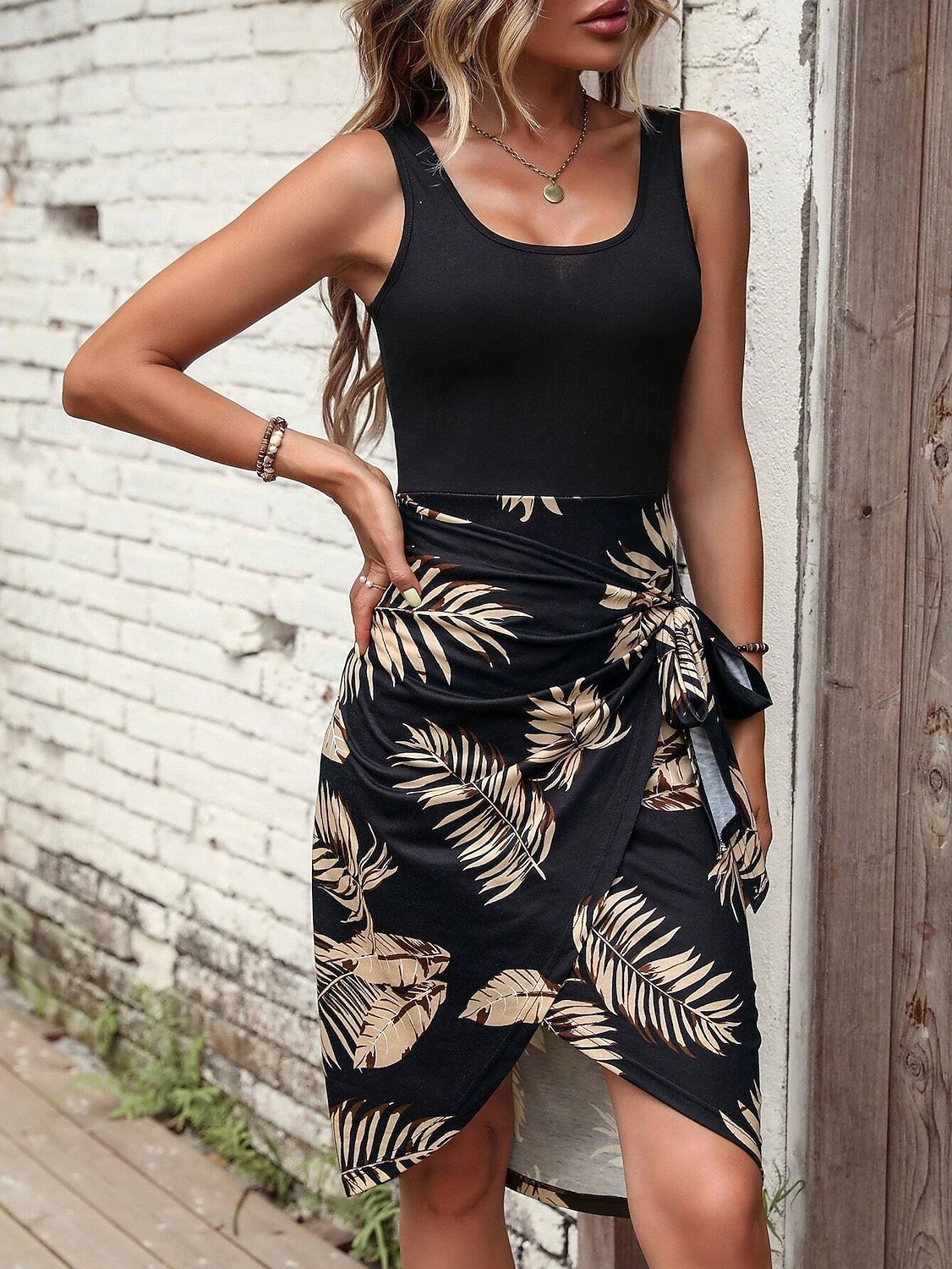 Damen Minikleid Strandkleid Strand Ärmellos Formpassend Blatt Ärmellos U-Ausschnitt Blau Khaki Sommer Frühling Herbst 2025 - $24.99 –P4