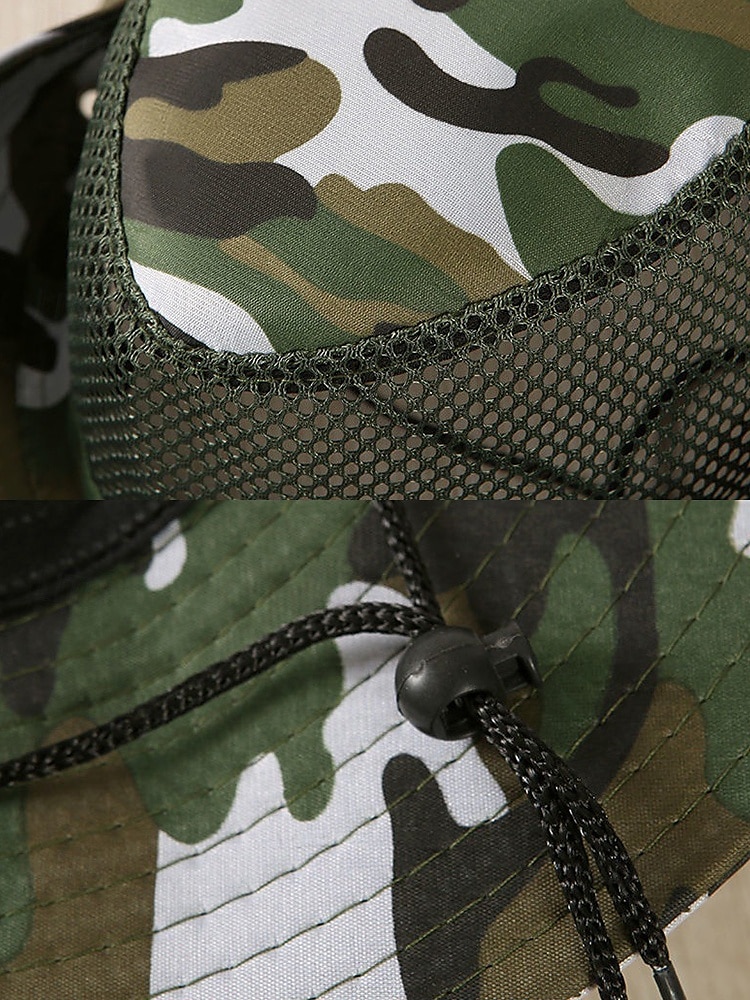 Herren-Sonnenhut aus Camouflage-Netzgewebe mit breiter Krempe und Kinnriemen – atmungsaktiver Outdoor-Wander- und Angelhut für Sommerreisen und Camping 2025 - $11.99 –P6