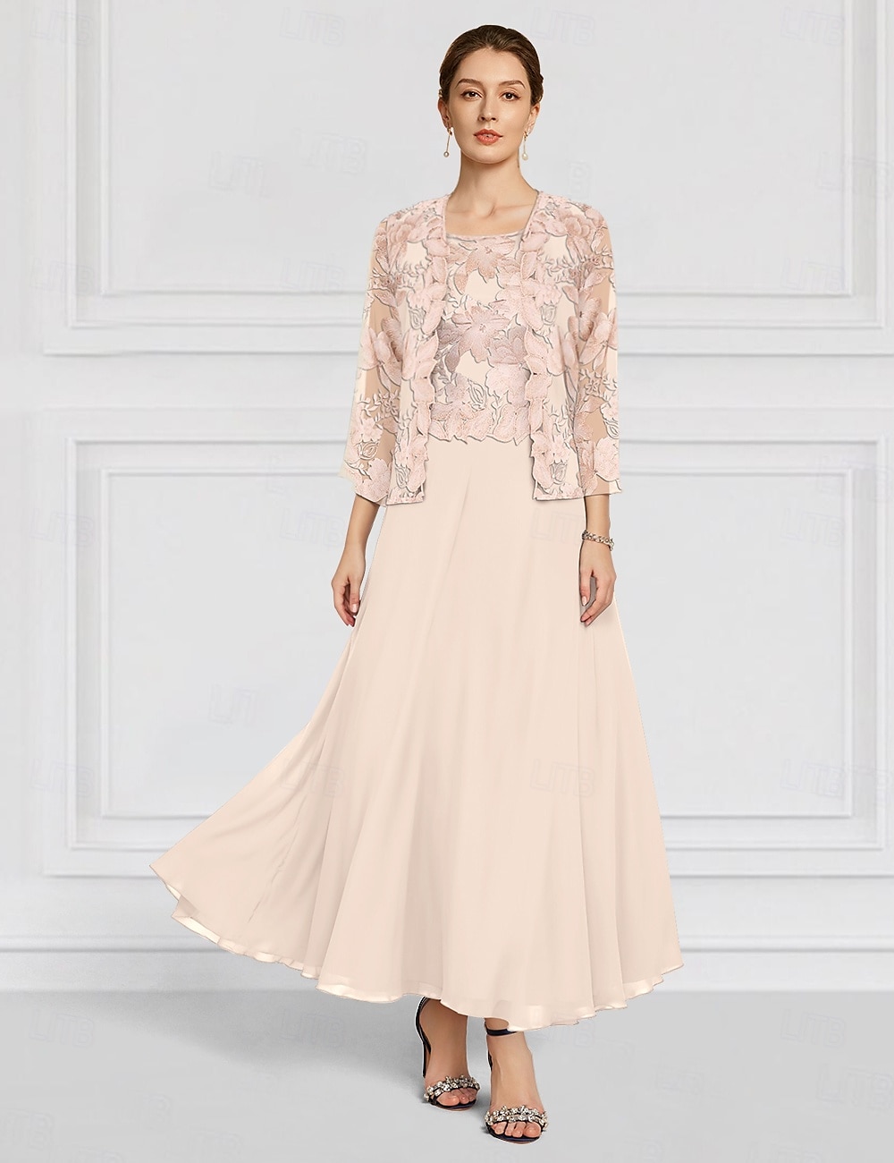 Set di Abiti Floreali Due Pezzi Madre della Sposa Elegante Collo a Giro Lunghezza Caviglia Chiffon Maniche Lunghe con Ricamo in Pizzo del 2025 a $158.99 –P4