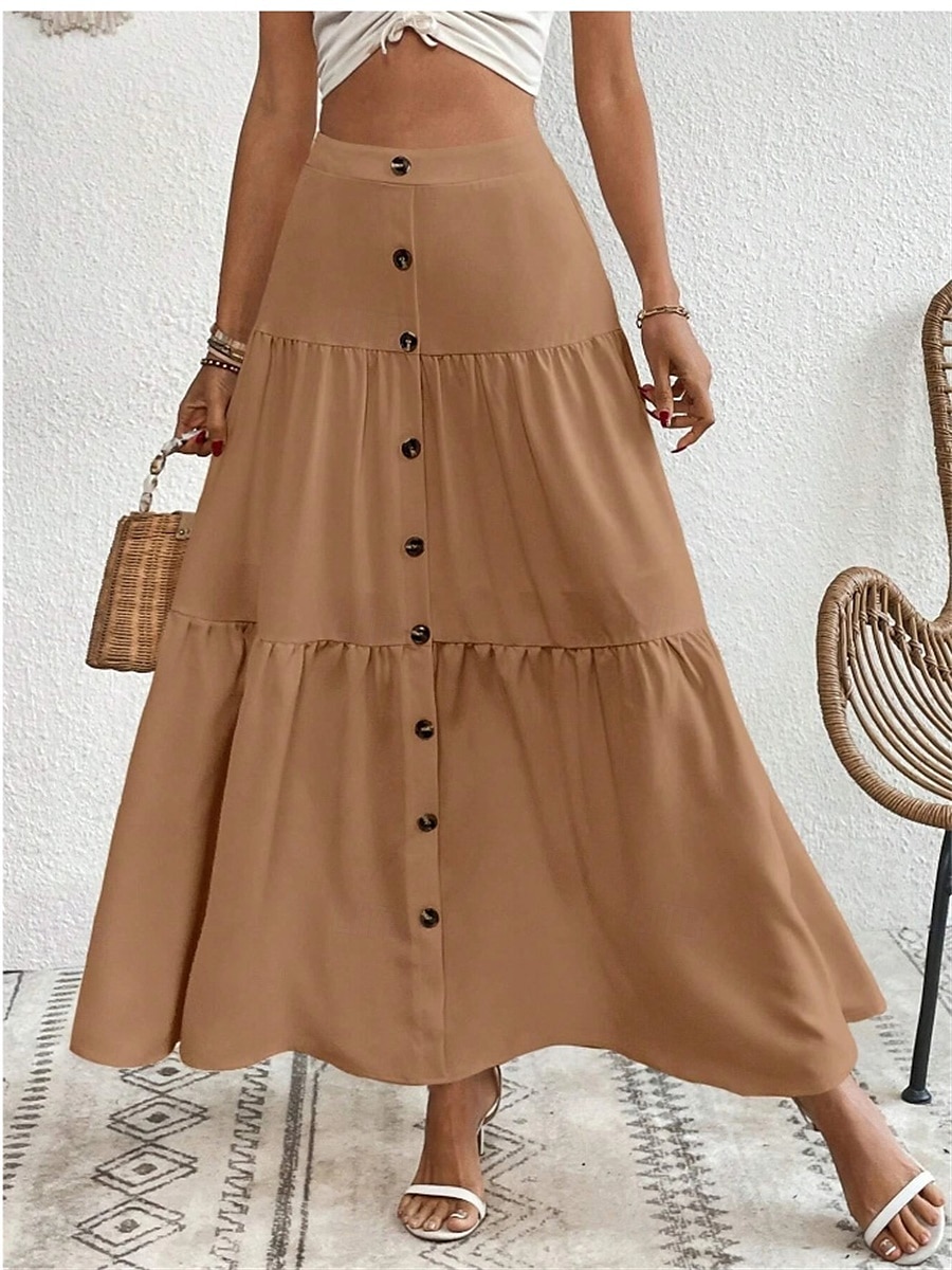 Gonna da donna Maxi gonna A Line moda casual maxi gonna alta vita semplice micro-elastico strada quotidiana cammello albicocca nero marrone chiaro estate poliestere del 2025 a $34.99 –P4