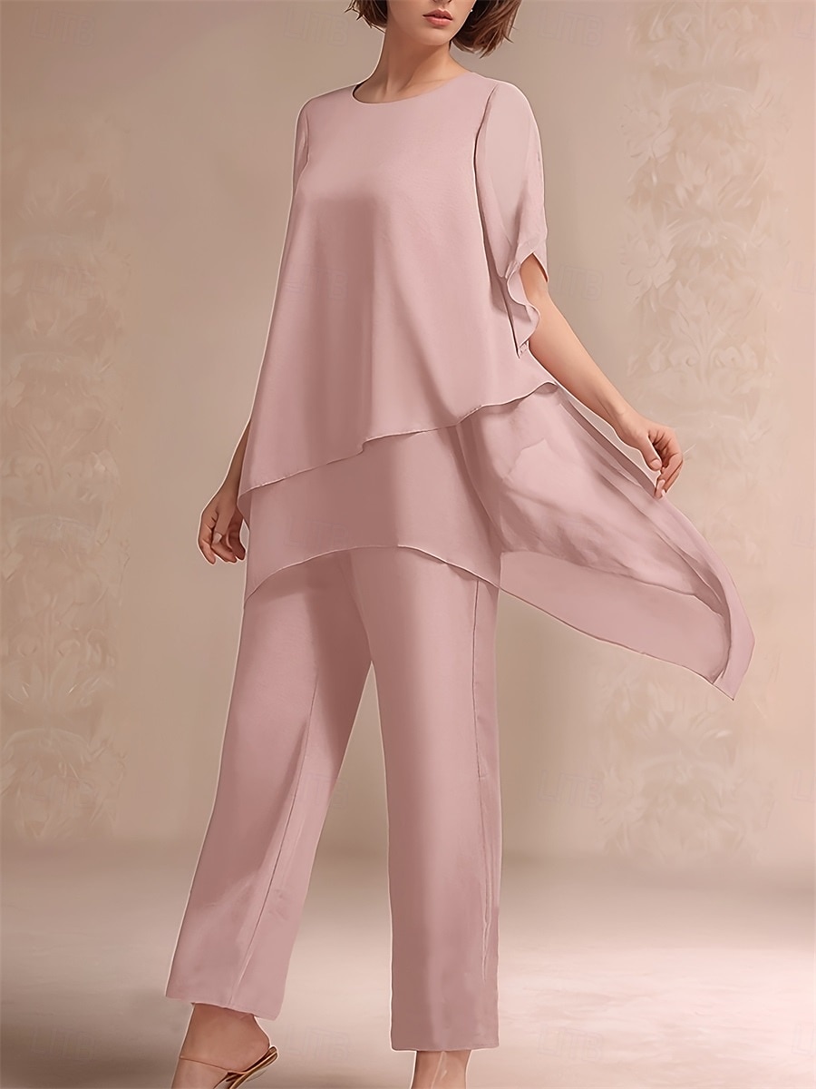 Ensemble de pantalon 2 pièces robe de mère de la mariée classique à col rond élégante en chiffon asymétrique à manches courtes avec une couleur unie de 2025 ? $79.99 –P10
