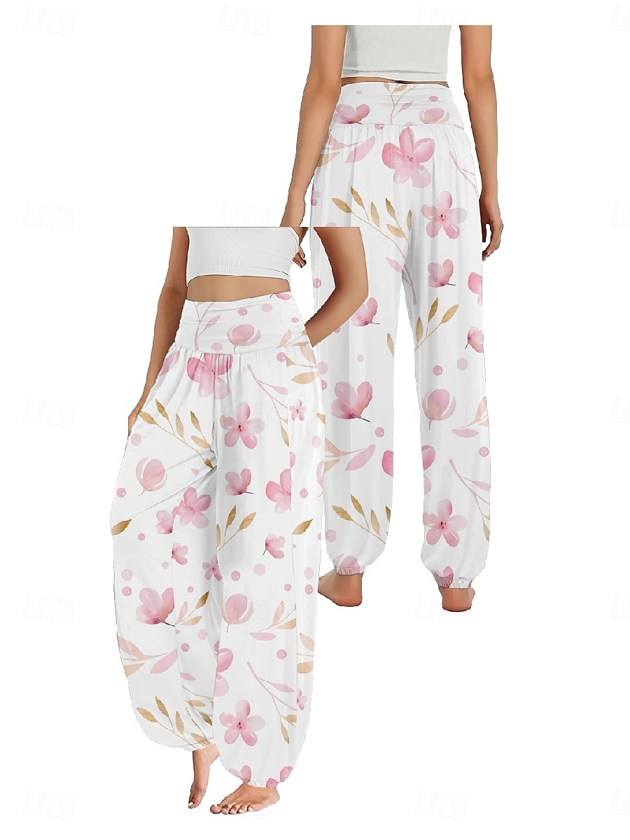 Dame Lin-inspirerte bukser Bred Bukseben Bukser Etnisk stil Fritid Bohem Full lengde Høy Midje Blomstret Blad Tropisk Lomme Elastisk midje Printer Pusteevne Myk Mikroelastisk utendørs Yoga- og 2025 - $20.99 –P17
