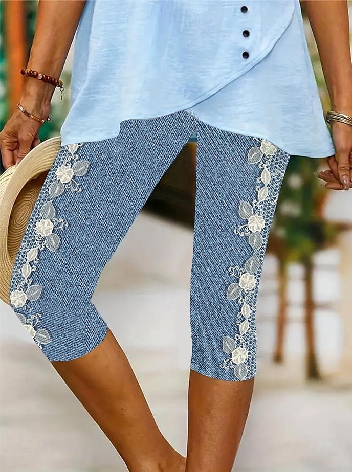 Dámské legíny capri kalhoty vysoké elasticity dovolená vintage móda délka do lýtek střední pas květinový grafický potisk prodyšné měkké dovolená volnočasové každodenní modrá barva robins egg černá 2025 - $18.99 –P3