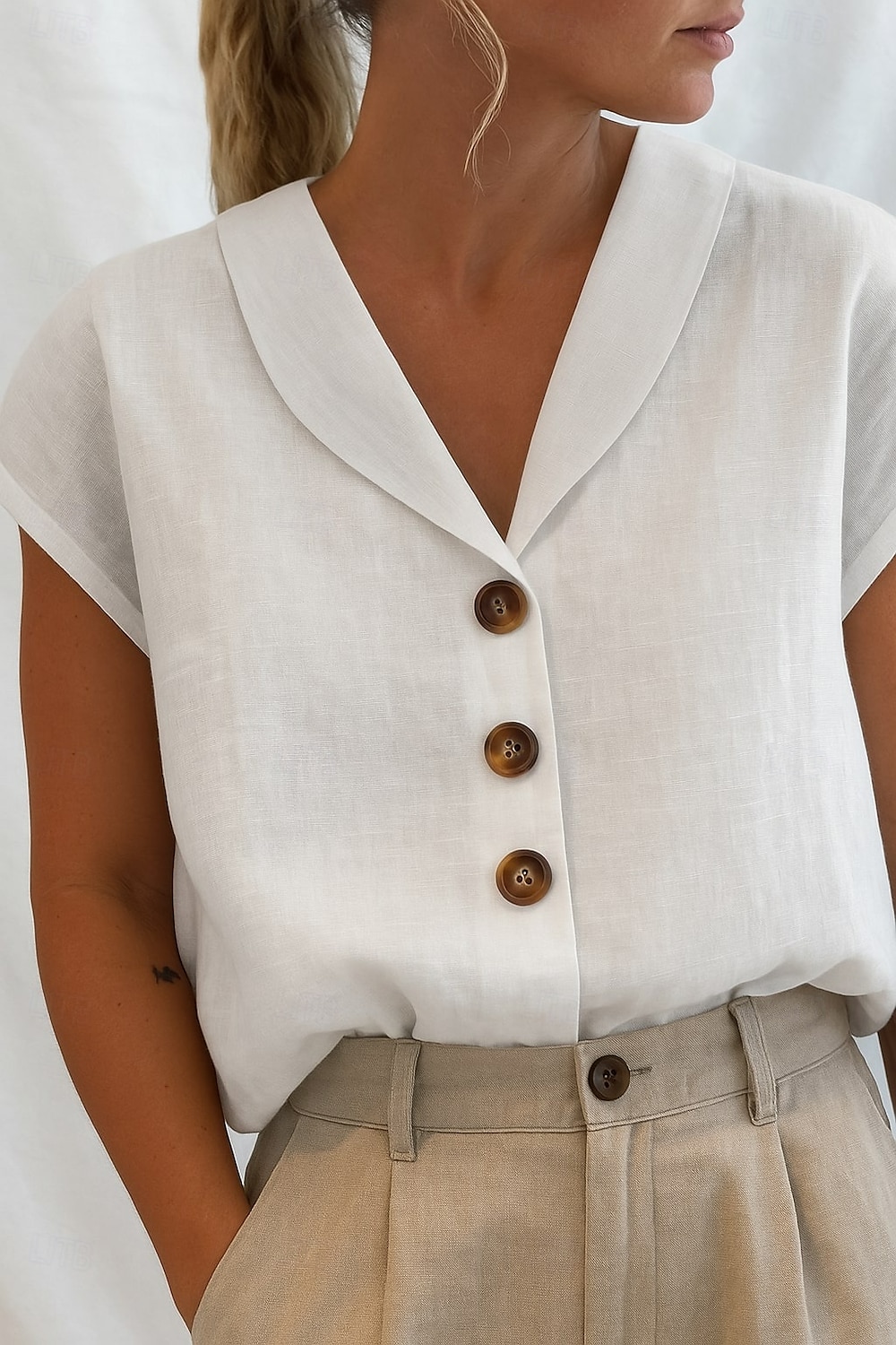 Women's Shirt Cotton Linen Shirts Linen Shirt Button Up Plain Daily Basic Casual Short Sleeve V Neck Regular Tops Daily Holiday Going out Buttons White Summer 2025 - $23.99 –P1