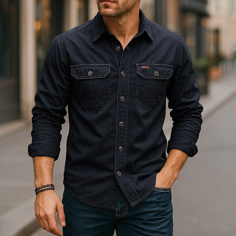 Herren Freizeithemd Arbeitshemd Knopfhemd Dunkelmarine Kaki Hellgrau Armeegrün Langarm Einfarbig Revers Urlaub Ferien Button-Down Bekleidung Baumwolle Mode Lässig Bequem 2025 - $15.99 –P4
